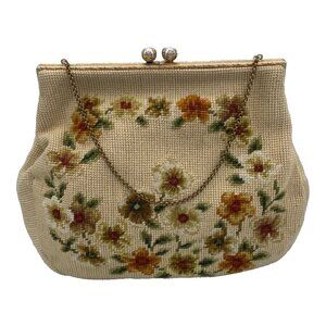 Vintage 60s Christine Needlepoint Purse Petit Point Handbag Floral Kiss Lock